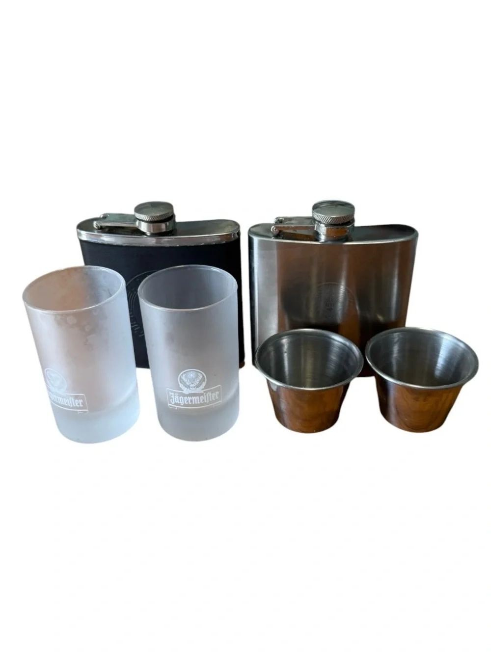 Jagermeister & Hooter Silver Anniversary Stainless Steel Flask 6oz 4 Shot Glass